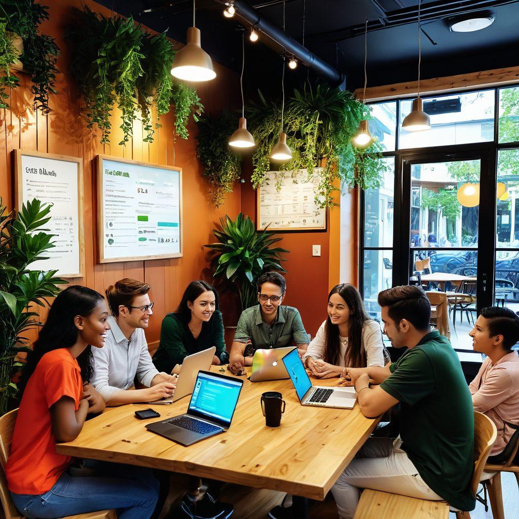 A diverse group of people engaged in a lively discussion in a cozy, modern cafe setting, laptop and notepad in hand, with vibrant plants around to symbolize growth. A digital community board in the background shows connections through social media icons and hashtags. Bright, warm colors emphasize a welcoming atmosphere. super-realistic. vibrant colors. cozy interior.
