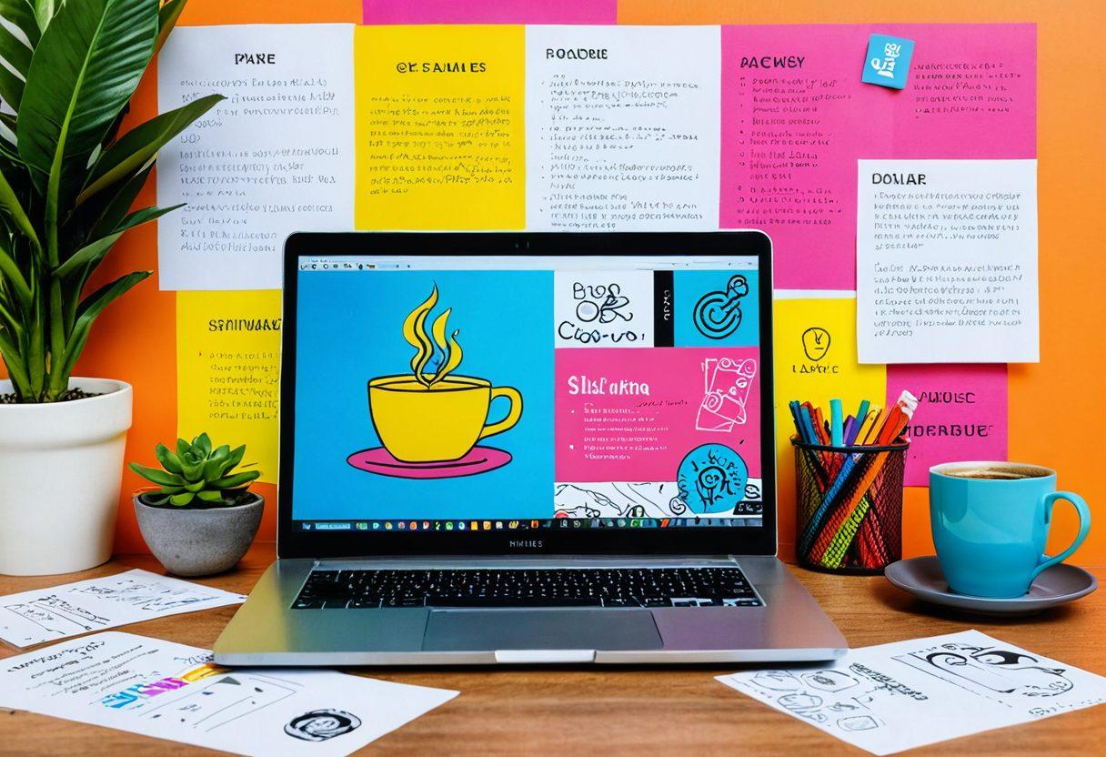 A dynamic workspace featuring a laptop displaying a blog interface, surrounded by notes and coffee, signifying the transformation from a hobby to a profitable venture. Include a vision board with monetization strategies, and elements like dollar signs or charts illustrating growth. Bright and lively colors to evoke creativity and ambition. modern illustration. vibrant colors.