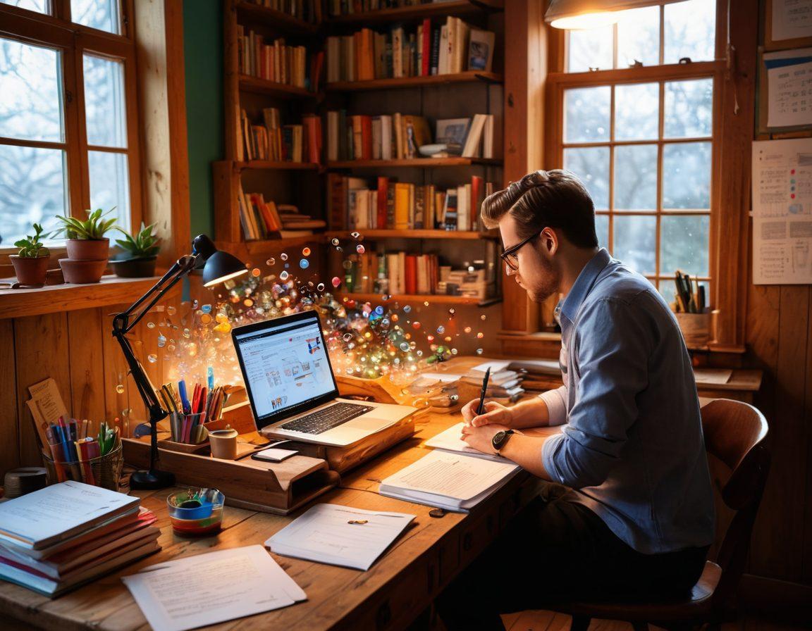 A visually captivating blog scene depicting a writer at a vintage wooden desk, surrounded by open books and a glowing laptop, with colorful idea bubbles floating above representing creativity and strategies. The background features charts and graphs illustrating blogging success. The overall ambiance is inspiring and inviting, encouraging a journey into the blogging world. bright colors. super-realistic. warm lighting.
